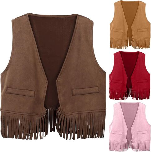 Kids Western Fringe Vest Vintage Slim Fit Button Sleeveless Jacket V Neck Boho Cardigan Outerwear For Girls Boys 5-12 Years in Saudi Arabia