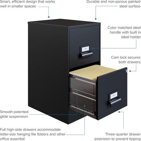 أبعاد المكتب 18 بوصة عمق 2 درج ارتفاع خزانة الملفات، أسود in Kuwait