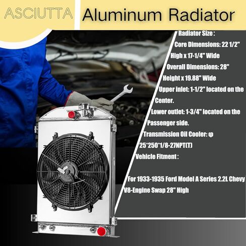 3 Row Aluminum Radiator Shroud Fan for 1933-1935 Ford MODEL Chevy V8 Engine Swap with cooler 1934 1935 in Saudi Arabia