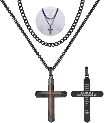 2 قطعة قلادة صليب خشبية للرجال، آية الكتاب المقدس من خشب الأبنوس الحقيقي في قلادة صليب من الفولاذ المقاوم للصدأ الأسود من الخشب المسيحي تتضمن قلادة من 22 إلى 24 بوصة سلسلة صندوقية هدايا عيد الفصح السعيدة in Kuwait