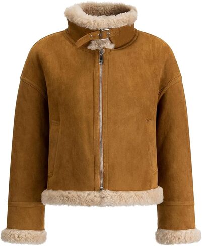 سترة FLAVOR النسائية من الصوف الصناعي من الجلد الصناعي معطف شتوي دافئ بني in Kuwait