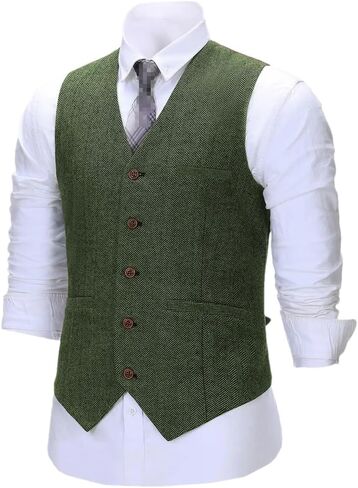Men's Herringbone Wool Tweed Slim Fit Vest Cotton Suit Vest Gentleman Business Brown Waistcoat For Wedding Groom in Saudi Arabia