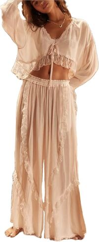 Womens Sexy Pajama Set Lace 2 Piece Lounge Sets Long Sleeve Shirts Wide Leg Pants Vintage Pj Sets in Saudi Arabia