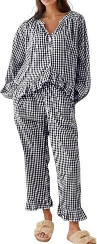 Gihuo Womens Gingham Pajama Sets Plaid Cotton Pjs Ruffle Babydoll Shirt and Pants 2 Piece Lounge Set in Saudi Arabia