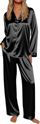 Ekouaer Silk Satin Pajamas for Women Button Down Pjs Set Long Sleeve Loungewear 2 Piece Wide Leg Sleepwear in Saudi Arabia