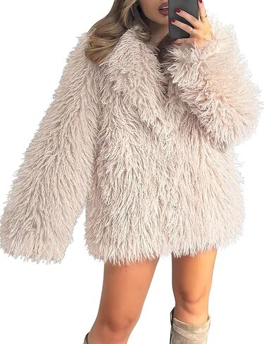 معطف نسائي من الفرو الصناعي بأكمام طويلة من FOMELY معطف شتوي أشعث ملابس خارجية من الفرو الصناعي مع جيوب in Kuwait