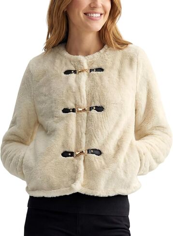 Yimoon Womens Faux Fur Coat Cropped Fluffy Fur Jacket Metal Buckle Warm Furry Short Coat in Saudi Arabia