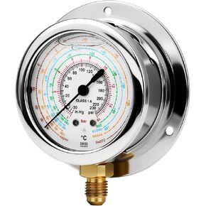 Class 1.6 Refrigerant Pressure Gauge, 1/4 SAE, 30inHg to 230psi (16bar), Oil-Filled, Multi-Unit Display for Automotive AC, Cold Chain, Refrigeration Maintenance in Kuwait
