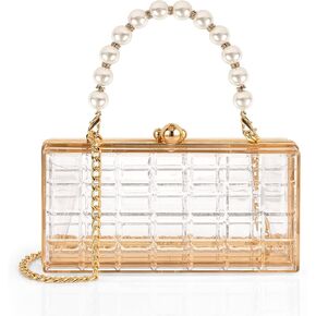 محفظة شفافة للنساء من الأكريليك مع مقبض لؤلؤي وسلسلة ذهبية، حقيبة يد مسائية صندوق شفاف لحفلات الزفاف، والحفلات الراقصة، وحفلات الكوكتيل والملعب المعتمدة in Kuwait