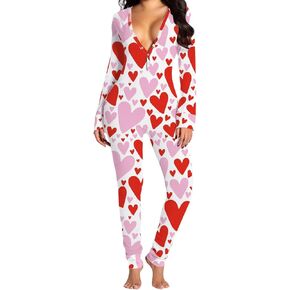 Women Valentine's Day Jumpsuit Pajamas Long Sleeve Sexy Butt Button Back Flap V Neck Bodycon Pajamas in Kuwait