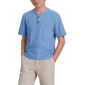Boys Short Sleeve Linen Shirts Casual Summer Button Up Henley Shirt Kids School Uniform Tees Tops 5-15 Years in Kuwait