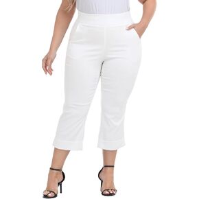 سروال كابري بمقاس كبير للسيدات بخصر مطاطي للعمل فستان كاجوال سروال قصير مع جيوب وأساور in Kuwait