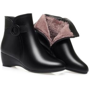 Fashion Women's Winter Warm Platform Wedges Ankle Booties Soft Leather Platform Chic Buckle Fully Fur Lined Thickening Snow Boot with Side Zipper in Kuwait