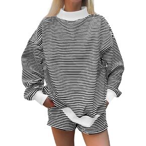 Women Mock Neck Sweatshirt Oversized Mockneck Striped Long Sleeve Pullover 2026 Fall Spring Casual Lounge Tops in Kuwait