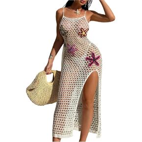 Verdusa Women's Starfish Hollow Out Boho Beach Cover Ups Thigh Slit Sheer Crochet Cami Dress in Kuwait