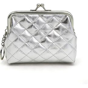 محفظة عملات معدنية صغيرة من الجلد المعيني بقفل قبلة مع سلسلة مفاتيح، وحقيبة تغيير صغيرة معدنية لامعة للنساء، وحامل للنقود والبطاقات (فضي) in Kuwait