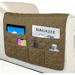 حامل جهاز التحكم عن بعد، مسند ذراع للأريكة، كرسي ذراع منظم بجانب السرير لأريكة كرسي بذراعين، كرسي بذراعين غير قابل للانزلاق مع 6 جيوب للمجلة، الجهاز اللوحي، الهاتف، بني in Kuwait