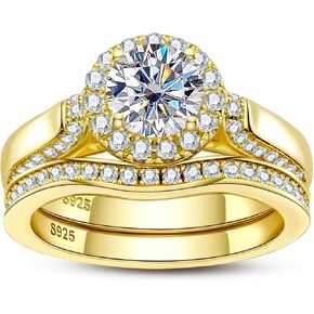 Idocare Moissanite Halo Wedding Rings Set for Women D Color VVS1 Round Cut 14K Yellow Gold Plated 925 Sterling Silver in Saudi Arabia