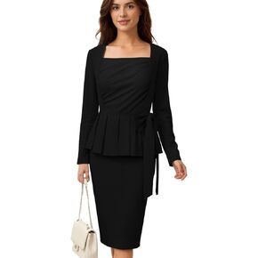 Women's Pleated Work Long Sleeve Bow Knot Bodycon Dress Square-Neck Fited Office Business Casual Midi Pencil Dresses in Saudi Arabia