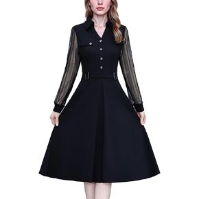 LAI MENG FIVE CATS Women's Vintage V-Neck Midi Dresses with Pockets Collared Long Sleeve Black Dress in Saudi Arabia