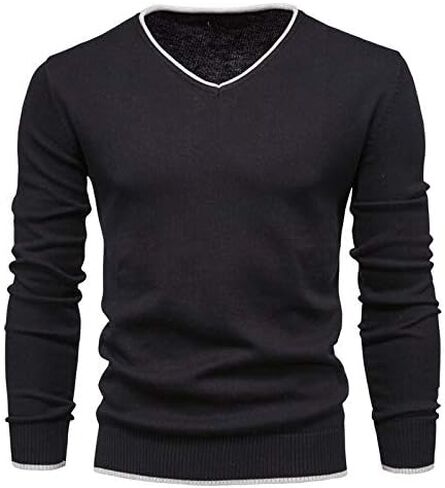 Men's Cotton V Neck Sweater Knitted Jumper Sweater Long Sleeve Pullover Top in Saudi Arabia