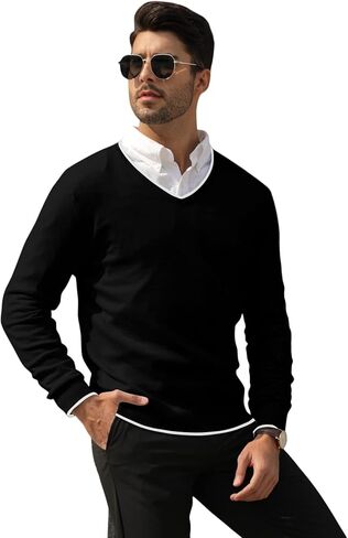Men's Cotton V Neck Sweater Knitted Jumper Sweater Long Sleeve Pullover Top in Saudi Arabia