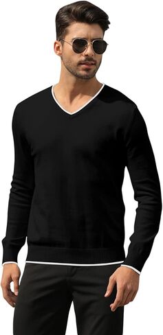 Men's Cotton V Neck Sweater Knitted Jumper Sweater Long Sleeve Pullover Top in Saudi Arabia