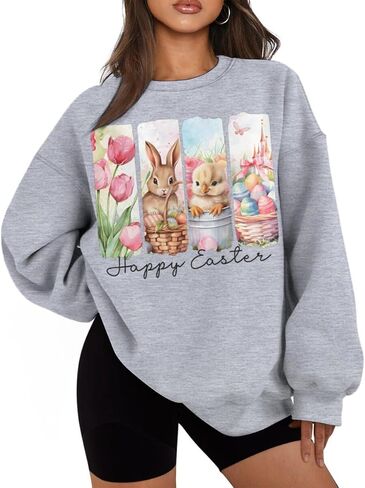 Happy Easter Bunny Eggs Easter Sweatshirts for Women Oversized Graphic Tees Long Sleeve Crew Neck Tops Plus Size in Saudi Arabia