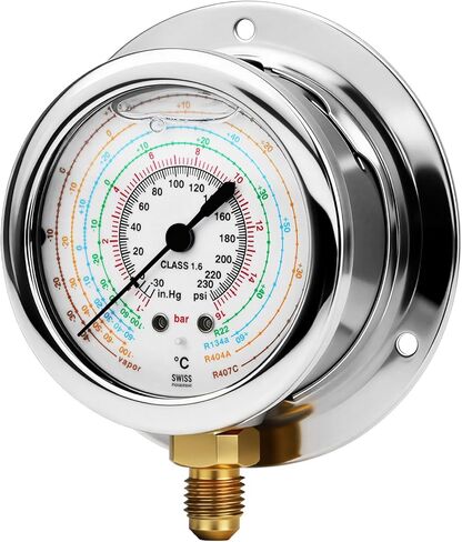 Class 1.6 Refrigerant Pressure Gauge, 1/4 SAE, 30inHg to 230psi (16bar), Oil-Filled, Multi-Unit Display for Automotive AC, Cold Chain, Refrigeration Maintenance in Kuwait