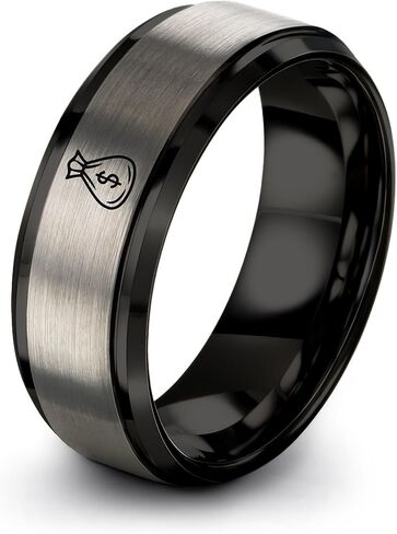 Gift for Financial Guru - Money Bag Ring - Men Women - Tungsten - Anniversary Wedding - Personalized Custom Engraving - Brushed Polished - Flat Dome Bevel - Band - 8mm - Black Yellow Gold Silver in Saudi Arabia