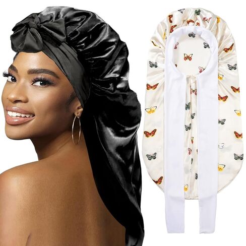 2Pcs Bonnets for Black Women Braid Bonnet, Large Long Satin Bonnet for Braids, Silk Bonnet with Stretchy Tie Band Sleep Cap Hair (2Pcs-Black-Silver Pattern) in Saudi Arabia