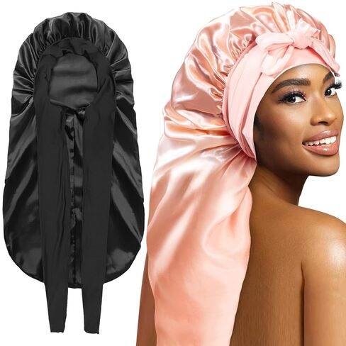 2Pcs Bonnets for Black Women Braid Bonnet, Large Long Satin Bonnet for Braids, Silk Bonnet with Stretchy Tie Band Sleep Cap Hair (2Pcs-Black-Silver Pattern) in Kuwait