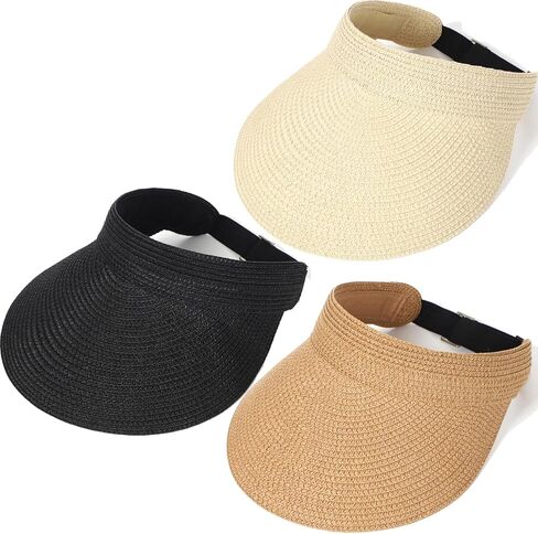 3 عبوات من القش قبعة للوقاية من الشمس للنساء في الصيف للحماية من الأشعة فوق البنفسجية بحافة واسعة على شكل ذيل حصان من القش قبعة الشاطئ للسيدات على طراز قبعة الجولف أقنعة الشمس باللون الأسود in Kuwait