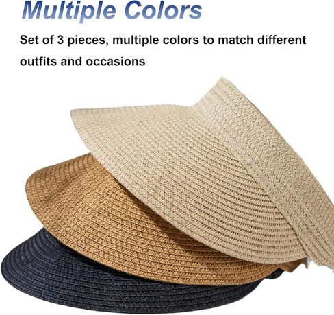3 عبوات من القش قبعة للوقاية من الشمس للنساء في الصيف للحماية من الأشعة فوق البنفسجية بحافة واسعة على شكل ذيل حصان من القش قبعة الشاطئ للسيدات على طراز قبعة الجولف أقنعة الشمس باللون الأسود in Kuwait