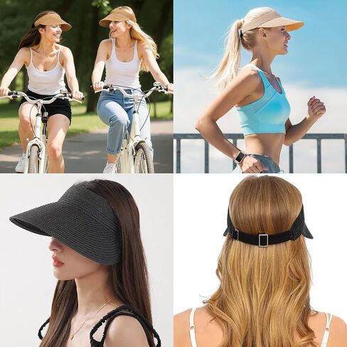 3 عبوات من القش قبعة للوقاية من الشمس للنساء في الصيف للحماية من الأشعة فوق البنفسجية بحافة واسعة على شكل ذيل حصان من القش قبعة الشاطئ للسيدات على طراز قبعة الجولف أقنعة الشمس باللون الأسود in Kuwait