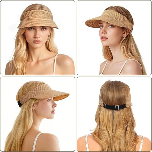 3 عبوات من القش قبعة للوقاية من الشمس للنساء في الصيف للحماية من الأشعة فوق البنفسجية بحافة واسعة على شكل ذيل حصان من القش قبعة الشاطئ للسيدات على طراز قبعة الجولف أقنعة الشمس باللون الأسود in Kuwait