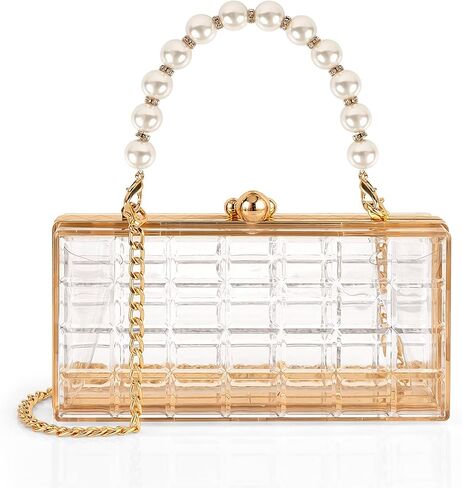 محفظة شفافة للنساء من الأكريليك مع مقبض لؤلؤي وسلسلة ذهبية، حقيبة يد مسائية صندوق شفاف لحفلات الزفاف، والحفلات الراقصة، وحفلات الكوكتيل والملعب المعتمدة in Kuwait
