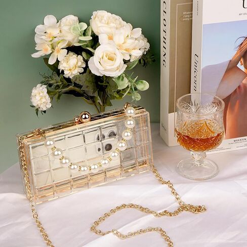 محفظة شفافة للنساء من الأكريليك مع مقبض لؤلؤي وسلسلة ذهبية، حقيبة يد مسائية صندوق شفاف لحفلات الزفاف، والحفلات الراقصة، وحفلات الكوكتيل والملعب المعتمدة in Kuwait