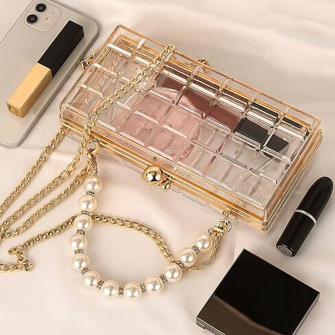محفظة شفافة للنساء من الأكريليك مع مقبض لؤلؤي وسلسلة ذهبية، حقيبة يد مسائية صندوق شفاف لحفلات الزفاف، والحفلات الراقصة، وحفلات الكوكتيل والملعب المعتمدة in Kuwait