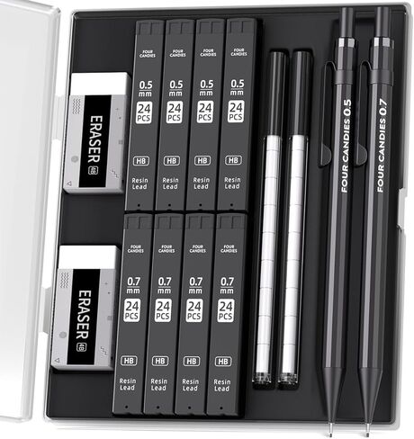 Metal Mechanical Pencils 0.5 & 0.7 mm, 2PCS Mechanical Pencils with Dual Spring, 8 Tubes Lead Refills, 2PCS 4B Erasers and 18PCS Eraser Refills, Mechanical Pencil Set for Writing Drawing in Saudi Arabia
