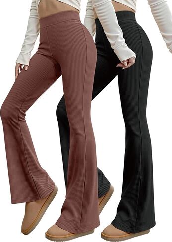 2 Piece Flare Leggings Yoga Pants - Stretchy Ribbed High Waist Breathable Figure Shaping for Casual Workout in Saudi Arabia