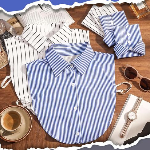 4 Pcs False Collar Shirt Detachable Fake Dicky Collar Wrist Cuffs Blue White Striped Fake Sleeve Cuffs Half Shirt Blouse Dickey for Women in Saudi Arabia