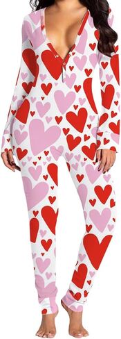 Women Valentine's Day Jumpsuit Pajamas Long Sleeve Sexy Butt Button Back Flap V Neck Bodycon Pajamas in Kuwait