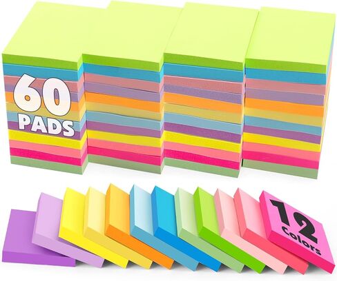(60 Pack) Sticky Notes 1.5x2 Inches, 12 Bright Colors Self-Stick Note Pads Premium Mini Sticky Notes, Bulk Sticky Notes Pads for School, Office, Home in Kuwait