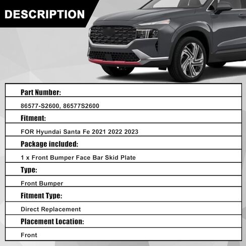لوح أمامي ممتص للصدمات من SecosAutoparts متوافق مع Hyundai Santa Fe 2021 2022 2023 استبدال # 86577-S2600، 86577S2600 in Kuwait