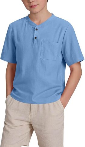 Boys Short Sleeve Linen Shirts Casual Summer Button Up Henley Shirt Kids School Uniform Tees Tops 5-15 Years in Kuwait