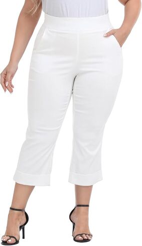 سروال كابري بمقاس كبير للسيدات بخصر مطاطي للعمل فستان كاجوال سروال قصير مع جيوب وأساور in Kuwait