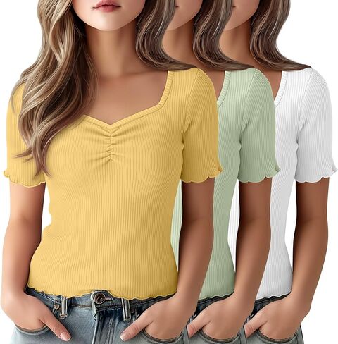 3 Pack Girl's Short Sleeve Shirts Ribbed Knit Sweetheart Neck Cotton Tops Kids Lettuce Trim Summer Cropped Tees in Saudi Arabia