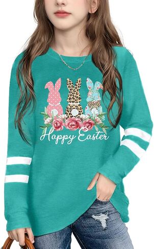 Kids Easter Shirts for Girls Cute Bunny Graphic Tshirt Easter Long Sleeve Tops 5-14y in Saudi Arabia