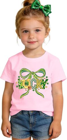 St Patrick's Day T-Shirt for Kid Toddler Girls Bow Lucky Shirts Clover Tees Irish Outfit Shamrock Tops 3-10Y in Kuwait